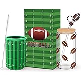 Reallnaive Football Lover Gifts, 16 oz Glass Iced Coffee Cup with Straw Stopper and Mug Sleeve, Football Glasses Cup Gifts Box for Women Man Sport Lovers
