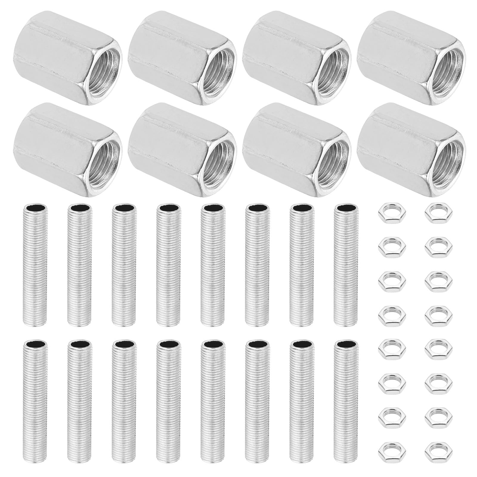 PATIKIL M10 Fine Thread Lamp Pipe Repair Parts Kits, 8Pcs M10×20 Metal Hexagon Closed Coupling Nut with Threaded Pipe and Hex Nut for Lighting Extension Rod
