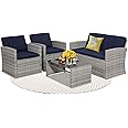 KROFEM 4 Piece Patio Conversation Set, Outdoor Wicker Sectional Furniture with Sofa, 2 Chairs, and Coffee Table, for Porch, Deck, Grey Rattan and Blue Overstuffed Washable Cushions