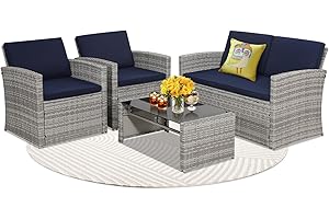KROFEM 4 Piece Patio Conversation Set, Outdoor Wicker Sectional Furniture with Sofa, 2 Chairs, and Coffee Table, for Porch, Deck, Grey Rattan and Blue Overstuffed Washable Cushions