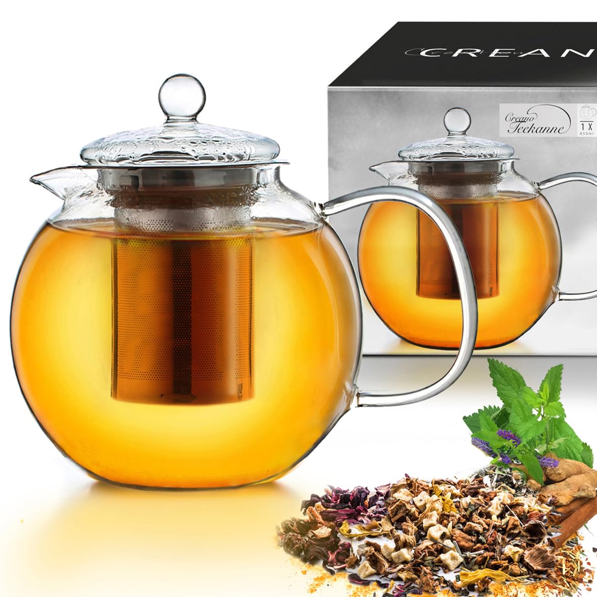 Creano Glass Teapot 850ml - Stovetop Safe Tea Kettle with Stainless Steel Infuser and Glass Lid - Ideal for Preparing Loose Teas - Drip Free