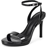 GENSHUO Women's High Heels Strappy Sandals with Round Open Toe Sexy Comfortable Ankle Strap Stiletto Wedding Prom Party Homecoming Dance Heeled Shoes Patent Black Size 8