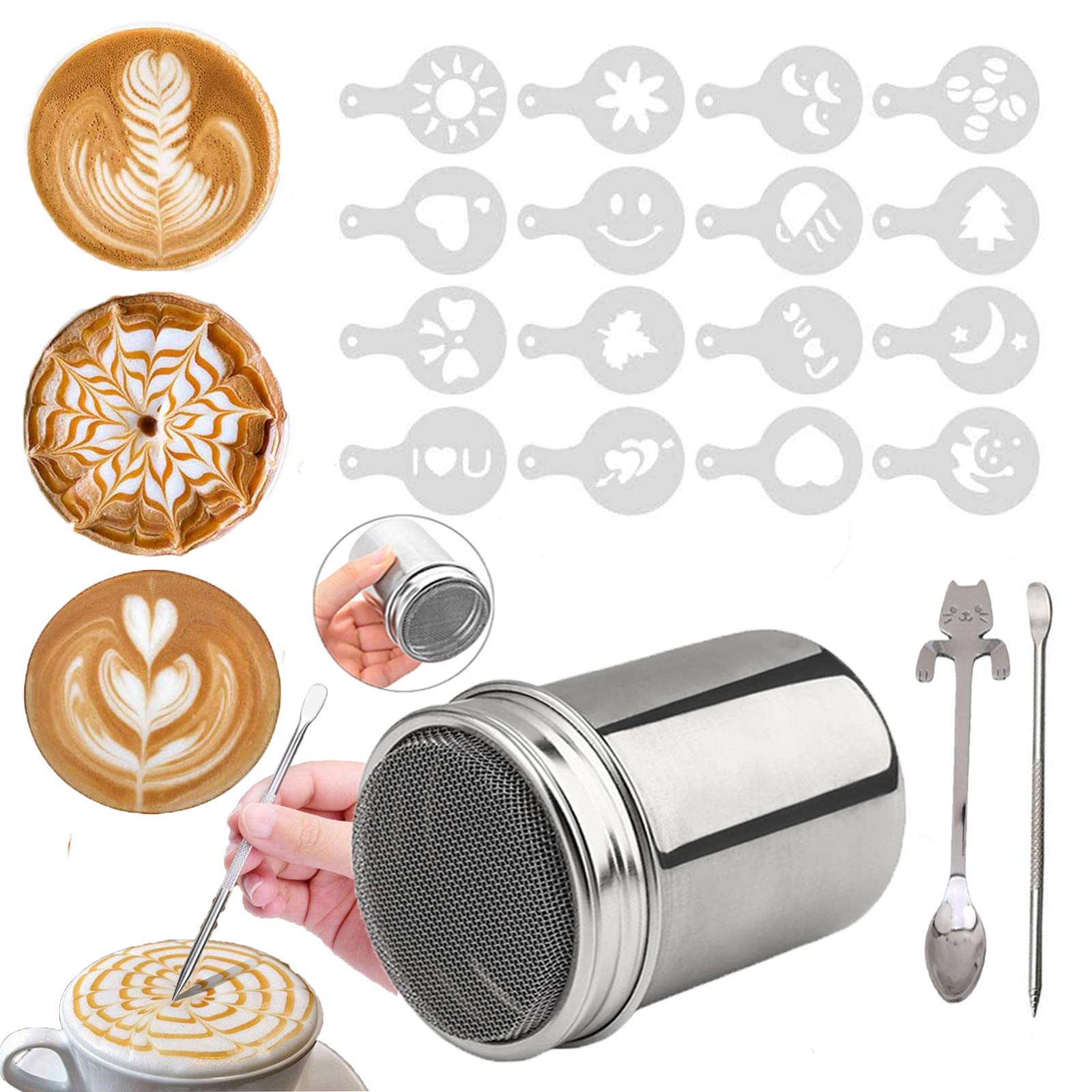 Panlom Chocolate Shaker with Lid Stainless Steel Flour Shaker Chocolate Sprinkles for Cappuccino Coffee Icing Sugar Cocoa with 16 Coffee Stencil + Cat Coffee Spoon
