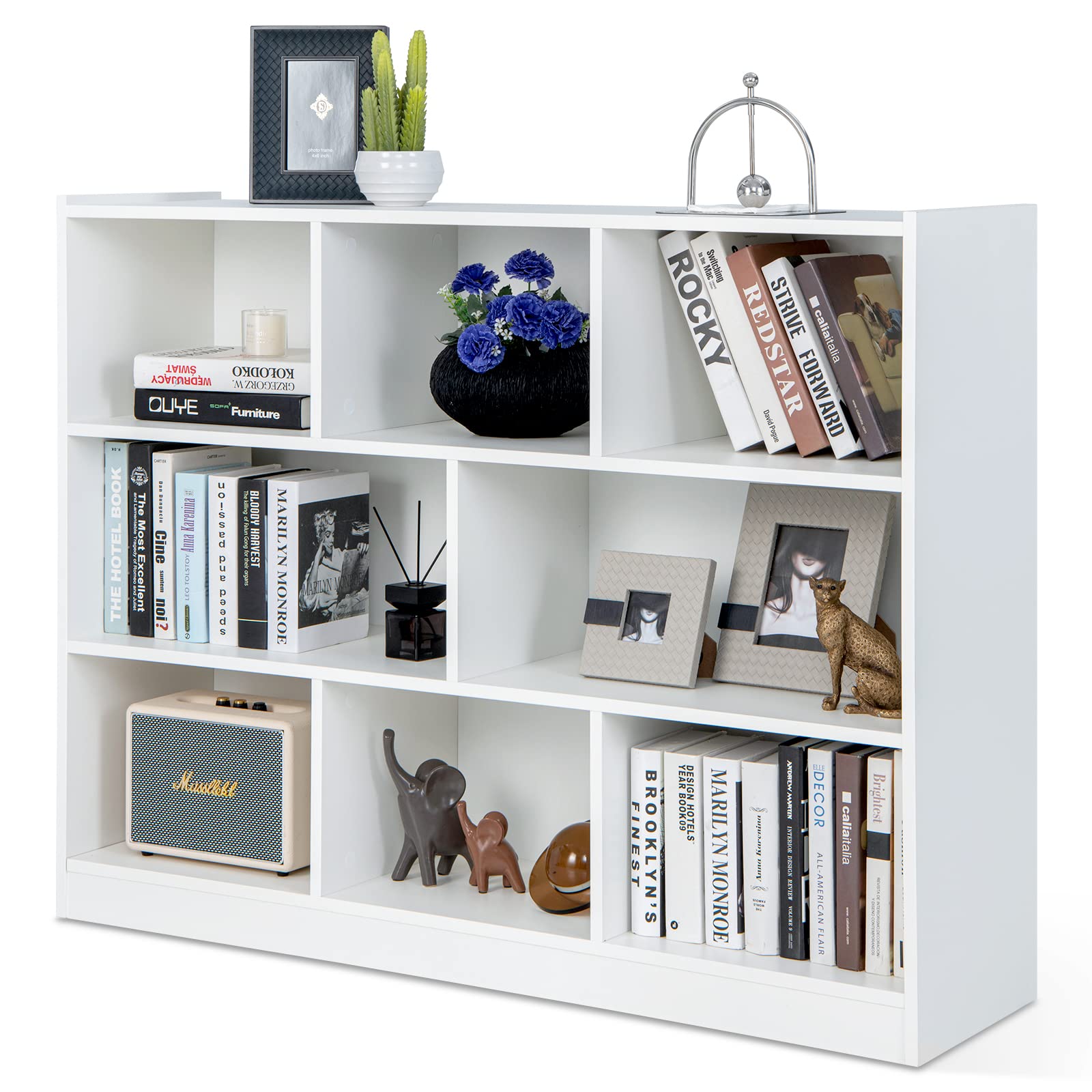 Giantex White Cubby Bookcase, Stackable Cube Storage Organizer w /Open Bookshelf, Wooden Display Shelving Unit for Small Space, DIY Modular Cubby Storage System for Study, Living Room