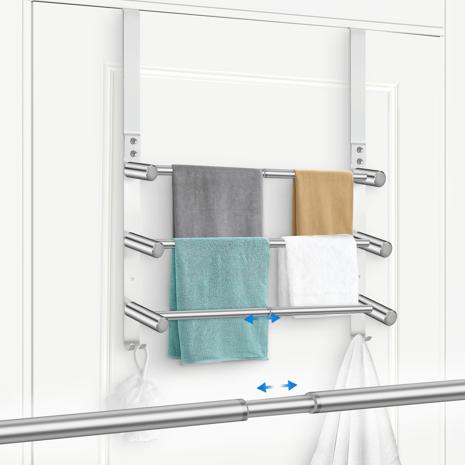 Photo 1 of 17-29inches Retractable Length Over The Door Towel Rack, 304 Stainless Steel Over The Door Towel Rack, Over Door Towel Holder with 3 Tier Towel Bars, Over Door Towel Storage for Bathroom
