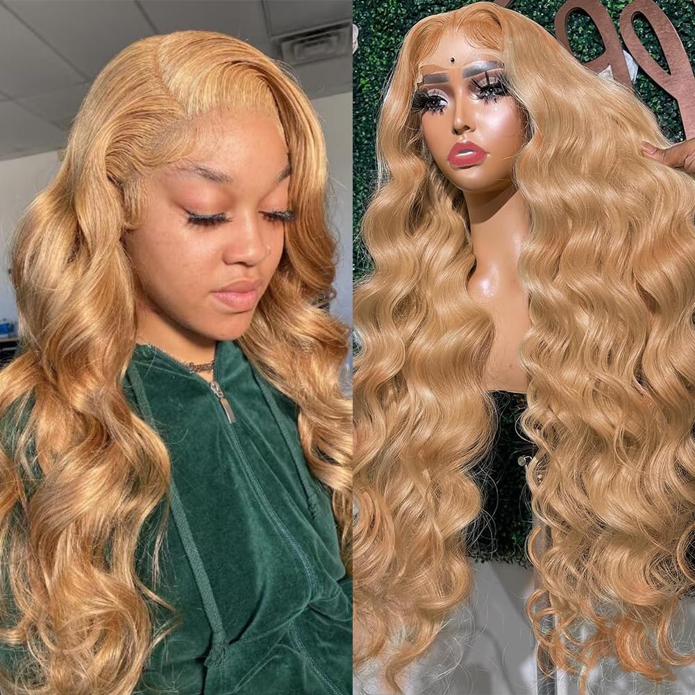 HEFABRIGHT Honey Blonde HD Lace Front Wig 30 Inch Human Hair Wigs Body Wave Lace Front Wigs 13X4 Pre Plucked Glueless Wigs 27# Human Hair Wig Colored 180% Density