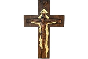 BGCOPPER Holy Trinity Crucifix Wall Cross, Christ Jesus Cross for Wall with Hook, Handmade Wooden Cross Wall Decor for Home Room Church Christmas Gifts (Gold, 12 Inch)
