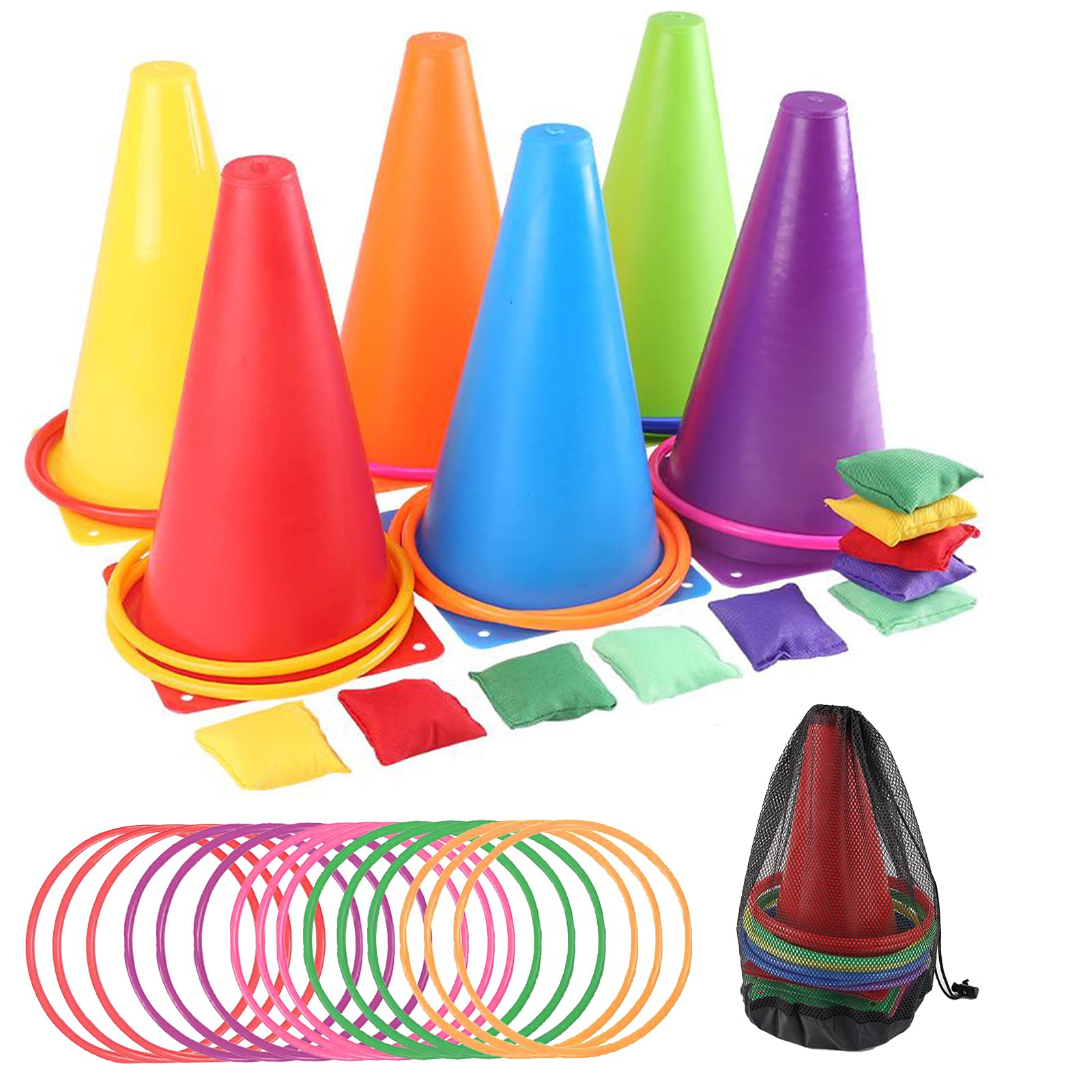 Coriver 32 Pcs Ring Toss Game Set, 3 in 1 Carnival Combo Set with Bean Bags, Plastic Hoops, Cone Markers and Carry Mesh Bag, Kids Agility Training Games for Indoor Outdoor Sports Course Yard Lawn