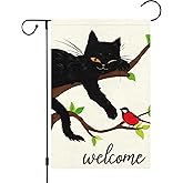Louise Maelys Welcome Spring Garden Flag 12x18 Double Sided, Burlap Small Black Cat for Yard Seasonal Outside Outdoor House Decoration