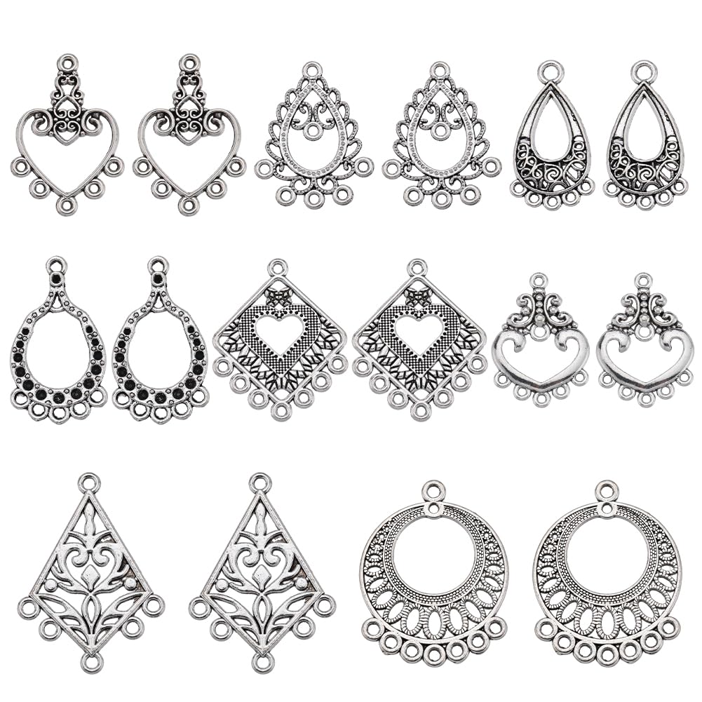 SUNNYCLUE 1 Box 48Pcs 8 Styles Chandelier Connectors Silver Connector Charms Tibetan Vintage Antique Teardrop Heart Rhombus Bohemia Link Charm for jewellery Making Charms DIY Necklace Earrings