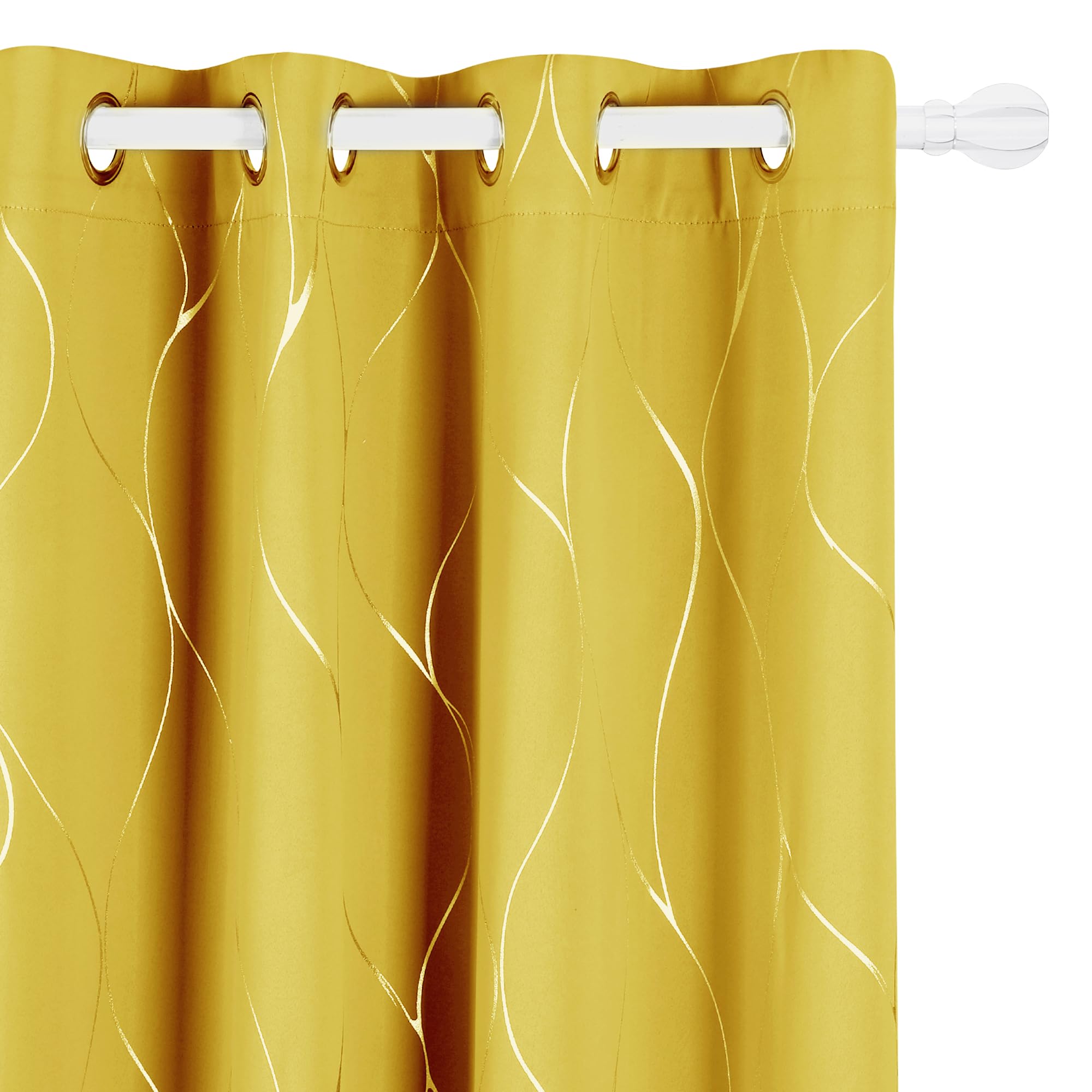 Deconovo Eyelet Room Darkening Curtains, Silver Wave Line Foil Printed Thermal Insulated Curtains for Boys Bedroom, 52 x 54 Inch, Mellow Yellow, 2 Panels