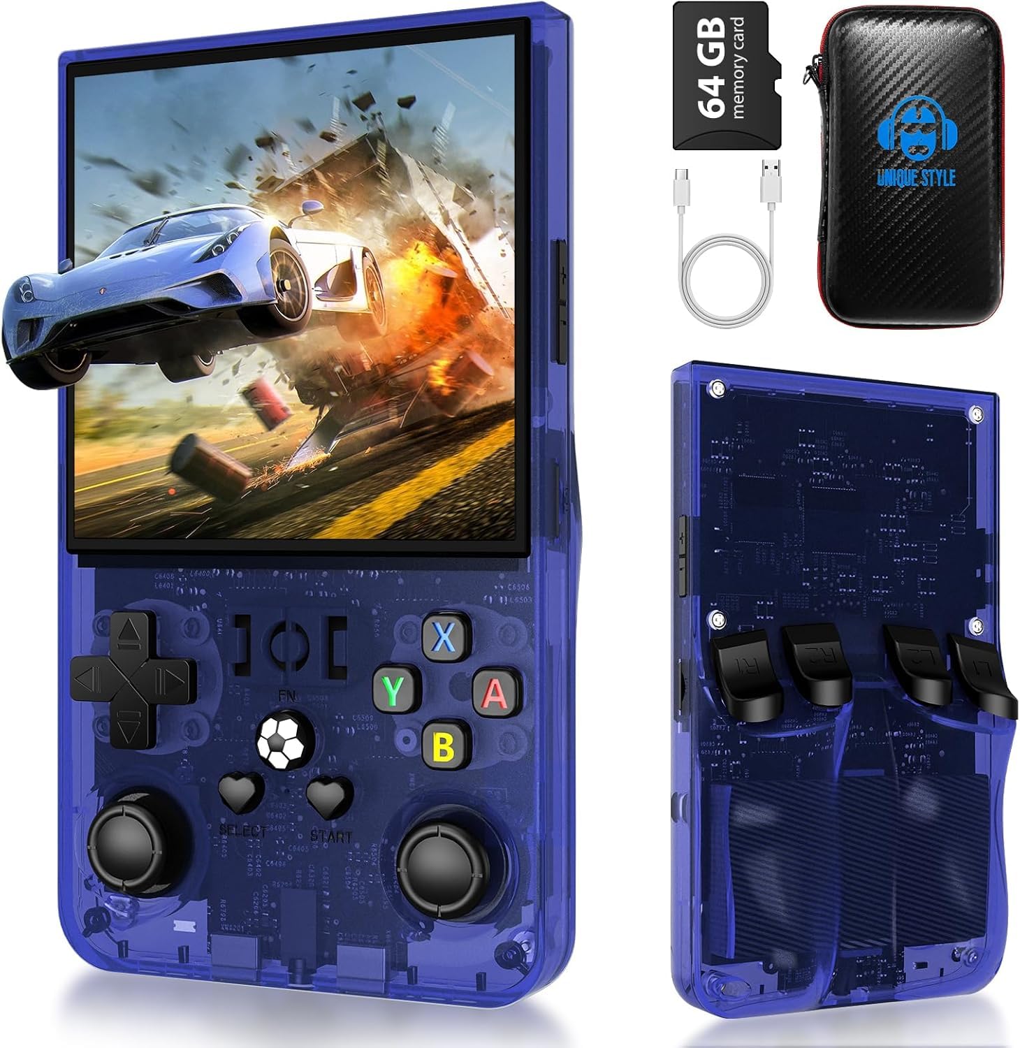 Photo 1 of R36 Max Retro Gaming Console, Retro Handheld Console 4.0'' Screen Linux System, 64G TF Card, 4000mAh Rechargeable Portable Pocket Arcade, Transparent Blue