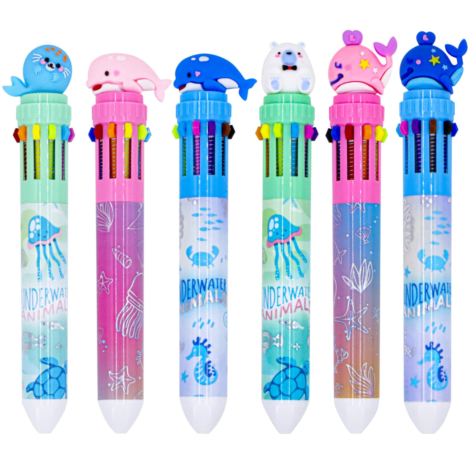 Pinkgarden 6 Pack Multicolor Ballpoint Pen 0.5mm,10-in-1 Colored Retractable Space Ballpoint Pens for School Supplier Office Students Children Gift (Ocean)