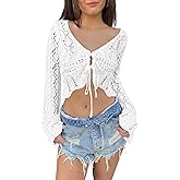 Saodimallsu Womens Crochet Crop Tops Tie Front Bell Long Sleeve Cardigan V Neck Lightweight Knit Shrug Sweaters