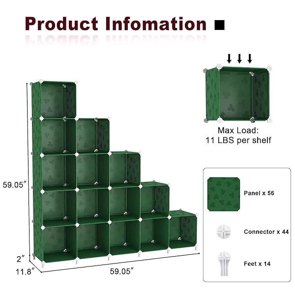 UNKU CUBE STORAGE ORGANIZER, 16 CUBE CLOSET ORGANIZER STORAGE SHELVES, DIY STACKABLE BOOKCASE, CLOTHES ORGANIZER SHELF FOR CLOSET, BEDROOM, LIVING ROOM, CABINET, HOME, OFFICE, GREEN