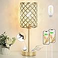 Gold Lamp for Nightstand-Crystal Table Lamp with USB-C+A & AC Charging Ports, 3-Way Dimmable Nightstand Touch Lamp, Bedside Desk lamp for Bedroom Living Room Home