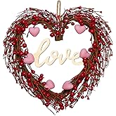 Valentines Day Wreaths for Front Door,14 Inches Artificial Red Pink Berries Valentine Heart Shaped Wreath Decor with Love Wooden Sign,Valentine Heart Wreath for Window Home Indoor,Outdoor