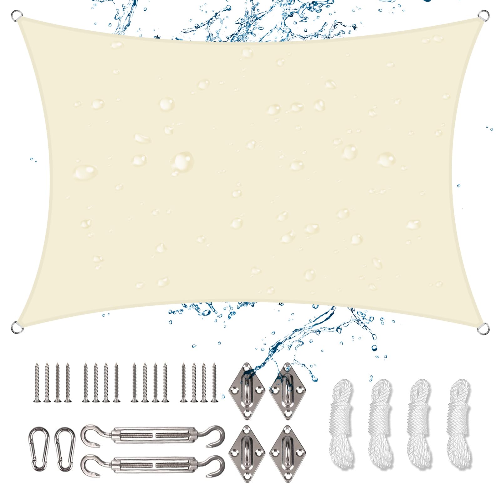 NAKIHOUSE Sun Shade Sail 2m x 4m Rectangle Waterproof Sunscreen Awning Canopy with Fixing Kit 95% UV Block Sun Shades for Outdoors, Garden, Patio, Yard, Party (Cream)