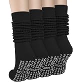 Ludaro 4 Pairs Pilates Grip Scrunch Socks for Women, Long Cotton Non Slip Slouch Yoga Calf Socks Slipper Crew Stockings