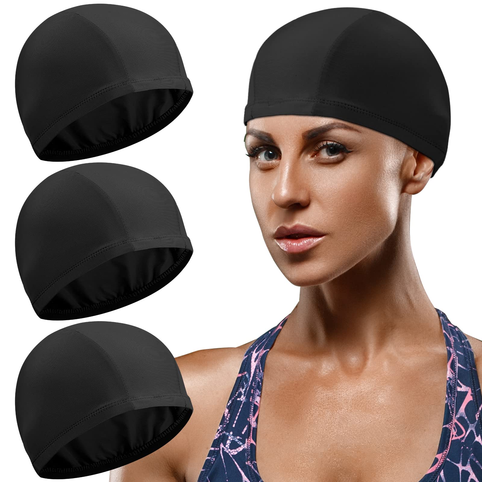Syhood 3 Pcs Elastic Swim Caps Comfortable Fabric Swimming Hat Unisex Bathing Caps Anti Slip Swimming Pool Caps for Women Men Kids ()