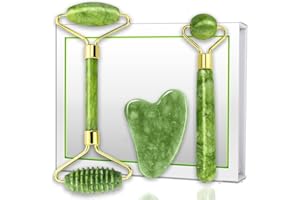 (3 pcs) Jade Roller & Gua Sha Facial Tool - Facial Roller Massage set, Guasha Roller Skin Care Tools, Green Quartz Massager f