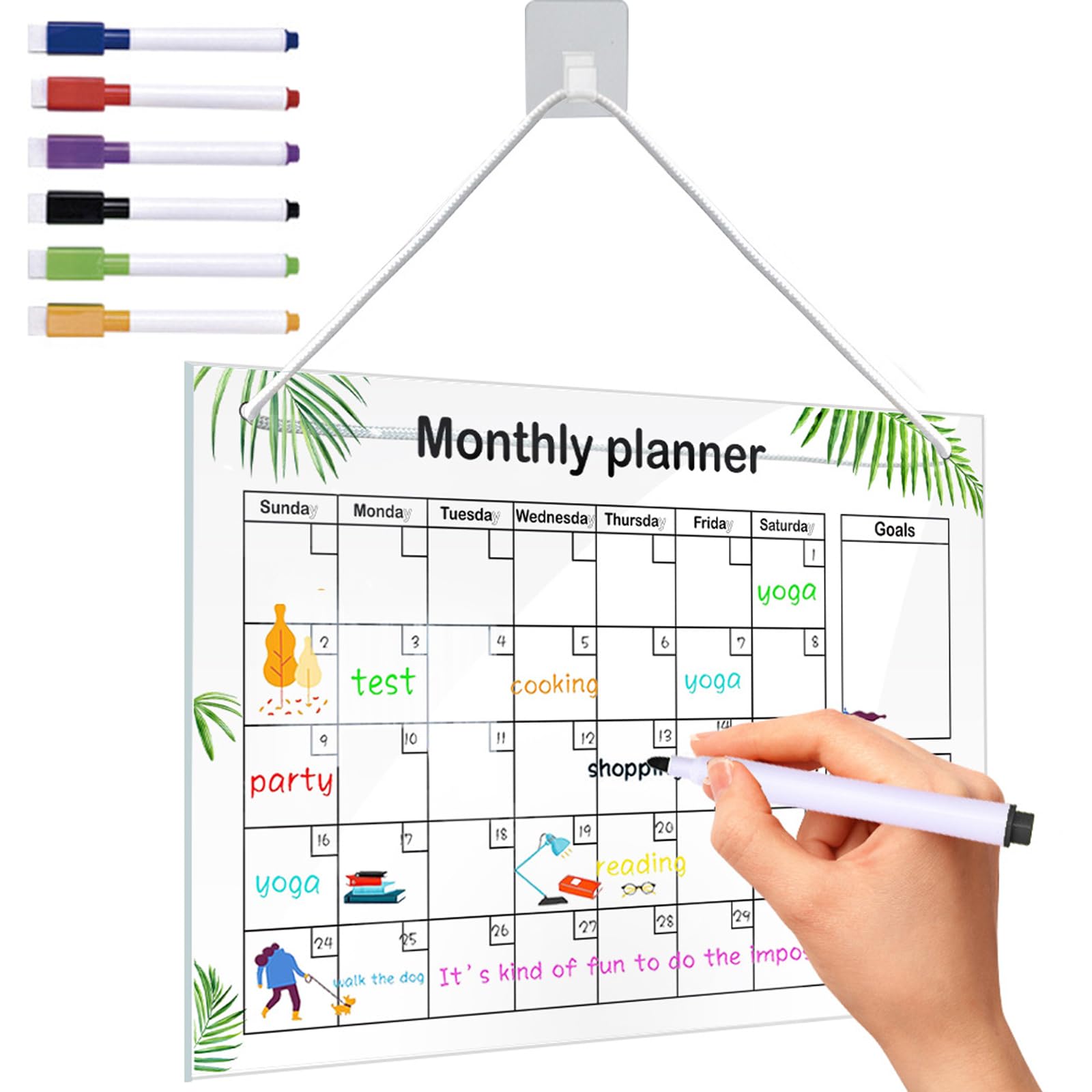 Kaizuca Hanging Acrylic Erasable Notice Board Monthly Weekly Planner Pad, for Work, School, Meal, and Fitness Planning, with 6 Pens