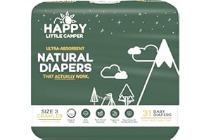Happy Little Camper Ultra-Absorbent Natural Baby Diapers Size 3 - Hypoallergenic & Chlorine-Free Disposable Diapers Safe for Sensitive Skin - Unscented Crawler Diapers - 31 Count