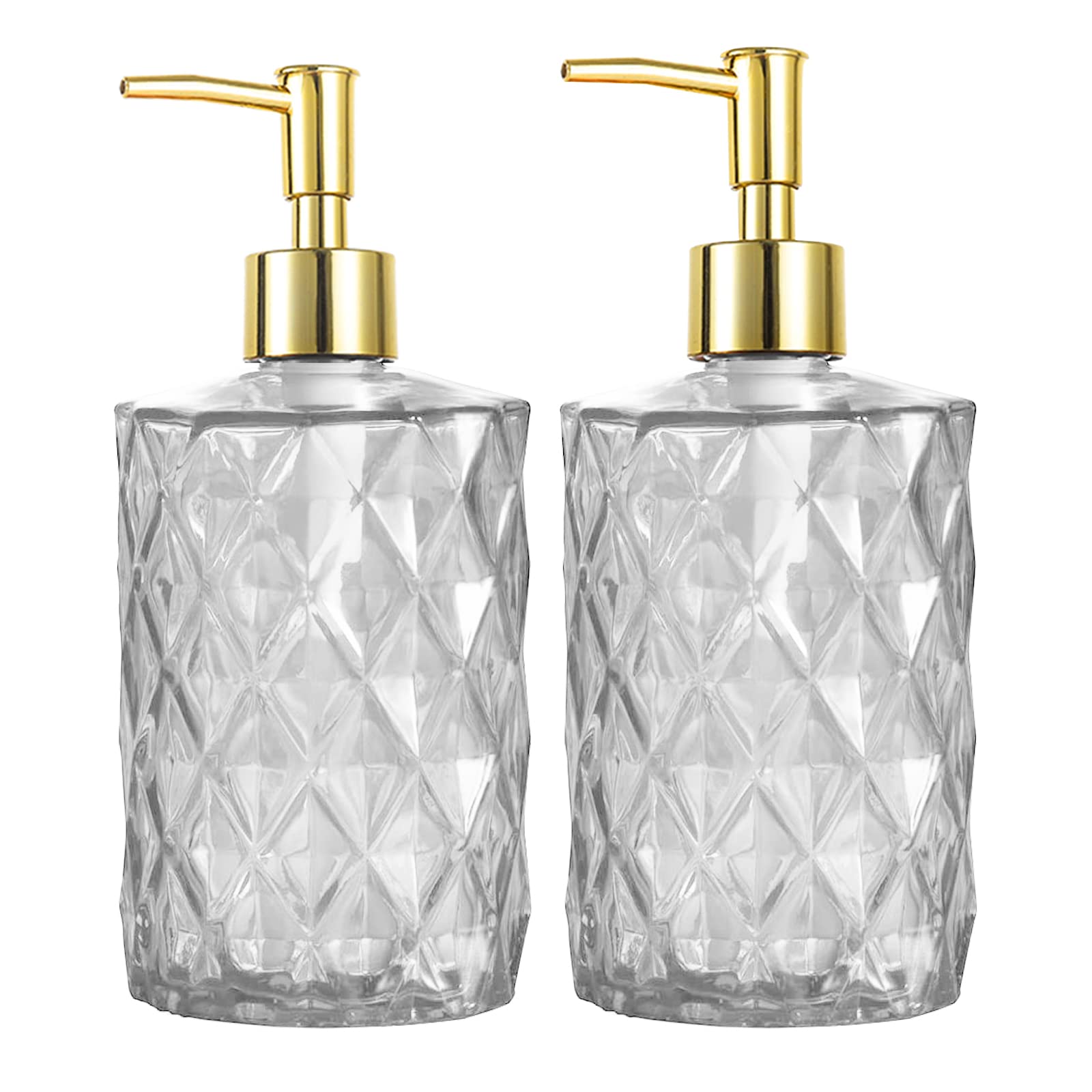 HOHAOO Versatile Glass Soap, 14 Oz Dripless Pump Bottle, Refillable Liquid Hand Jar Dispenser for Bathroom, Countertop, Kitchen, Laundry Room(2 Pack, Clear-Diamond Streak