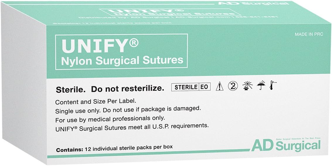 Unify Nylon Surgical Sutures, Size 4/0, 18" Thread with 16mm 3/8 Circle R/C Needle. Black. Box of 12.