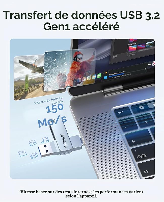 Clé USB 32 Go USB-C et USB-A, 150 Mo/s, USB 3.2 Gen 1, Bleu, EB05