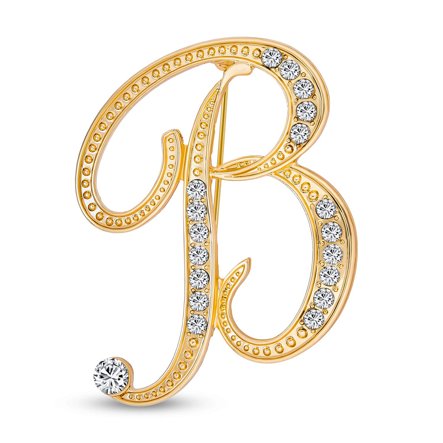 Large Statement ABC Pave Crystal Cursive Script Monogram Letters Alphabet Initial B Scarf Lapel Pin Brooch For Women Yellow Gold Plated