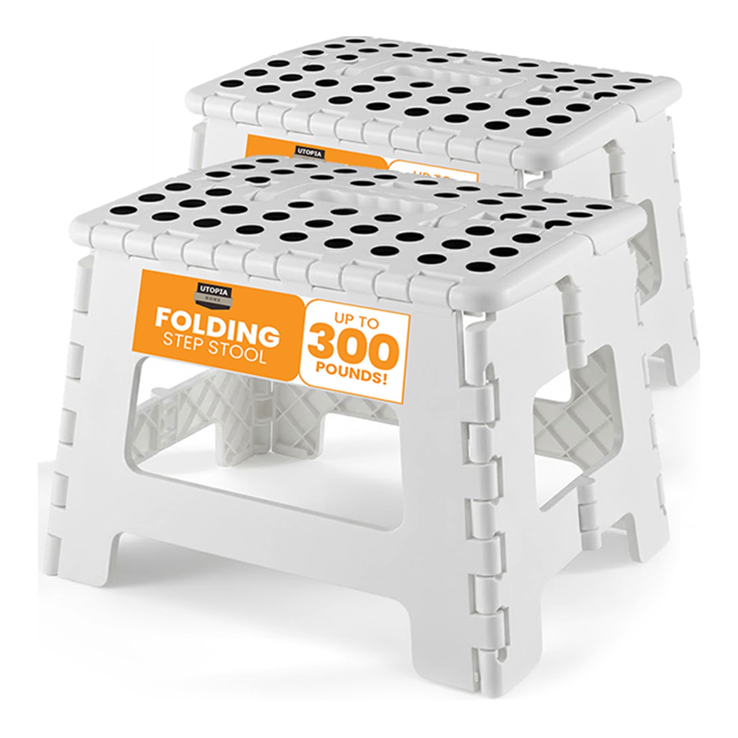 Utopia Home Folding Step Stool 9 Inch, Portable Anti Slip Surface for Kids and Adults, Heavy Duty Folding Stool with Carrying Handle, 300 lbs Load Capacity, Pack of 2, White