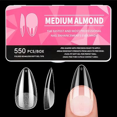 Diboniur Medium Almond Soft Gel Nail Tips 550Pcs Clear Full Cover 11 Sizes for