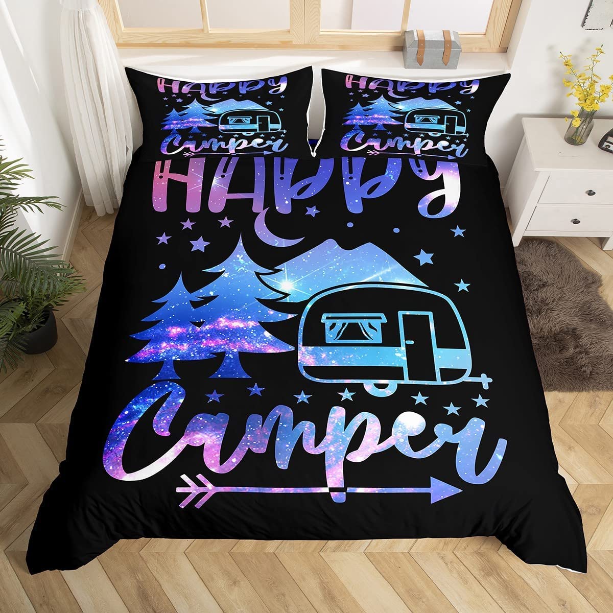 Kids Camper Bedding Set Galaxy Happy Camping Duvet Cover Double for Boys Girls Teens Farmhouse Rustic Camper Bedroom Decor Bedclothes Purple Blue Night of the Universe Bedding