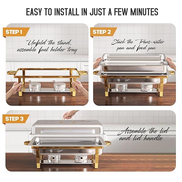 CHAFING DISHES FOR BUFFET 4 PACK, [ELEGANT GOLD AND SILVER] STAINLESS STEEL CHAFING DISH BUFFET SET, 9QT NO-FINGER CUT ROLL EDGE CHAFERS AND BUFFET WARMERS SETS FOR PARTY (GOLD FULL PANX4)