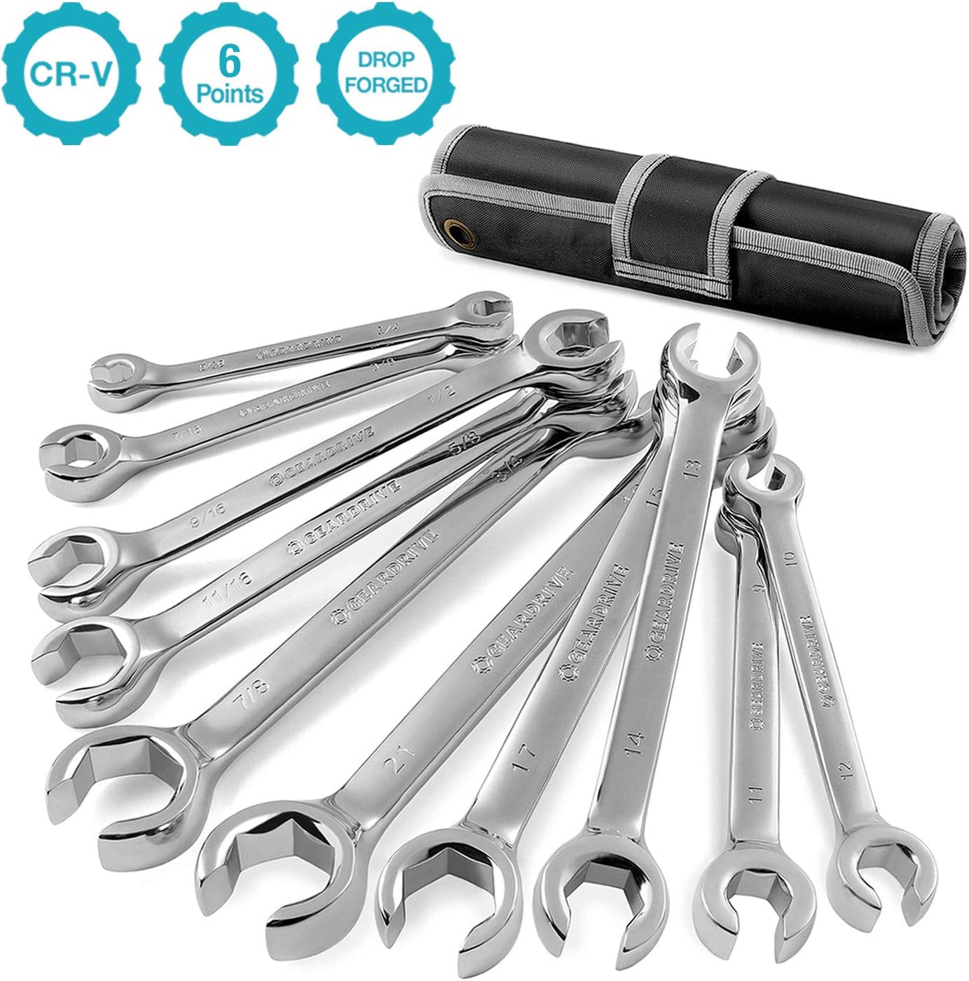 GEARDRIVE Flare Nut Wrench Set, Standard & Metric, 10-Piece, 1/4" to 7/8'' & 9-21mm, Chrome Vanadium Steel, Organizer Pouch Included
