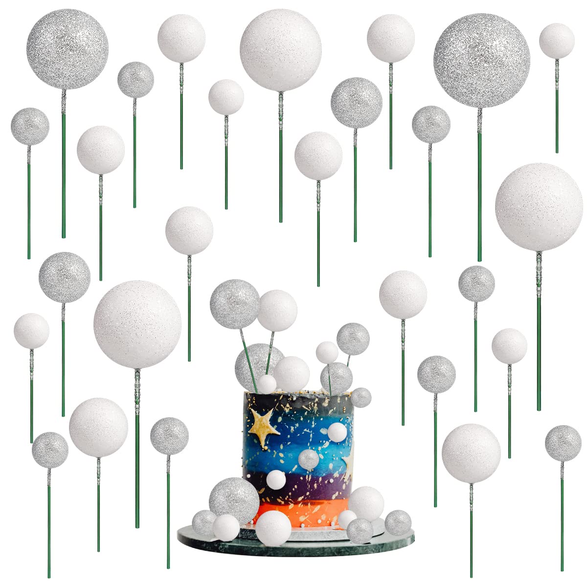 66pcs Balloon Cake Topper, Glitter Foam Ball Cake Toppers Mini Balloon Cupcake Toppers Round DIY Cake Picks Insert Topper Baking Cake Decoration for Birthday Wedding Baby Shower Decor (Silver&White)