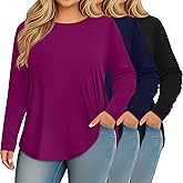 Ficerd 3 Pack Womens Plus Size Long Sleeve Tops Crew Neck Loose Fit T Shirt Stretchy Casual Winter Tops Basic Tees Shirts