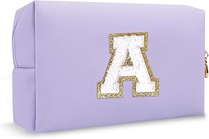 CHAOGREAT Personalized Makeup Bag Initial A-Z Preppy Patch Bag,Small PU Leather Travel Cosmetic Bag Pouch with Zipper,Purple Cute Toiletry Bag,Gift Ideal for Teen Girls Women Birthday Friend Mom,Latter A