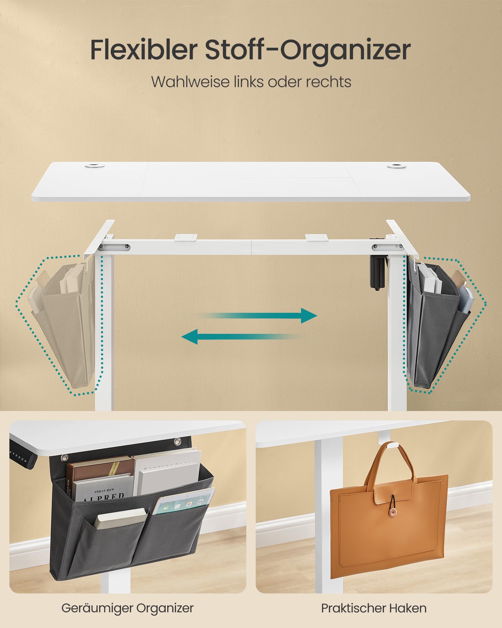 SONGMICS Höhenverstellbarer Schreibtisch elektrisch, 120 x 60 cm, Verstellbarer Tisch, Memory-Funktion für 4 Höhen, für Büro, wolkenweiß LSD132W01 5