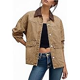 Tankaneo Womens Oversized Denim Jacket Casual Contrast Canvas Collar Button Down Jean Jackets with Pockets