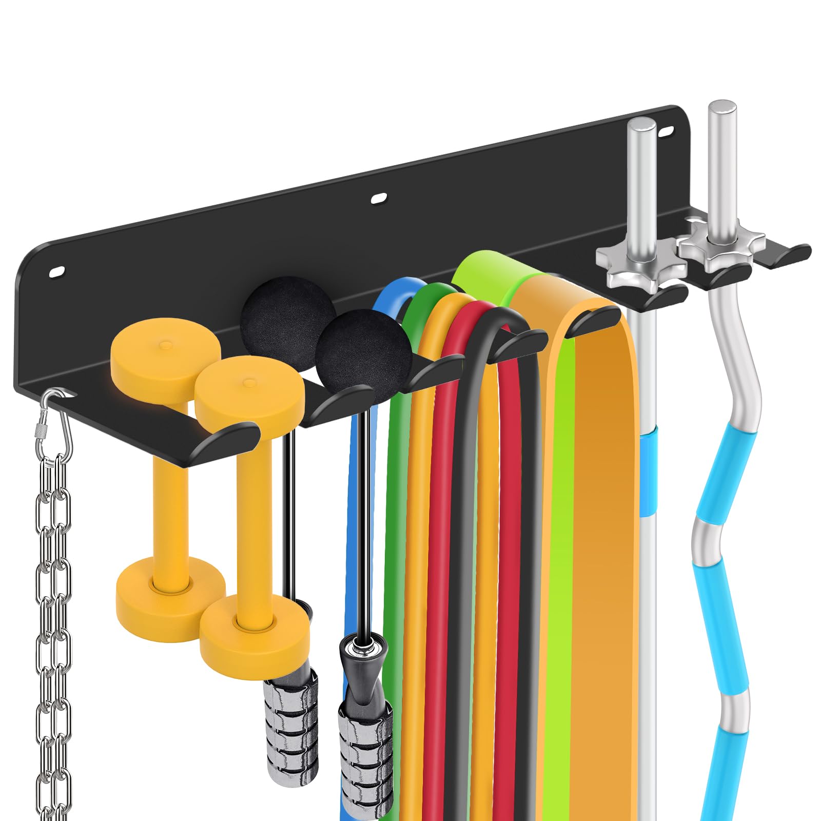 Photo 1 of FizLig Gym Equipment Storage Rack - Multi-Purpose Home Gym Organization Storage Wall Mount for Resistance Bands, Jump Ropes, Lifting Belt, Chains, Barbells (16" / 8 Prongs)
