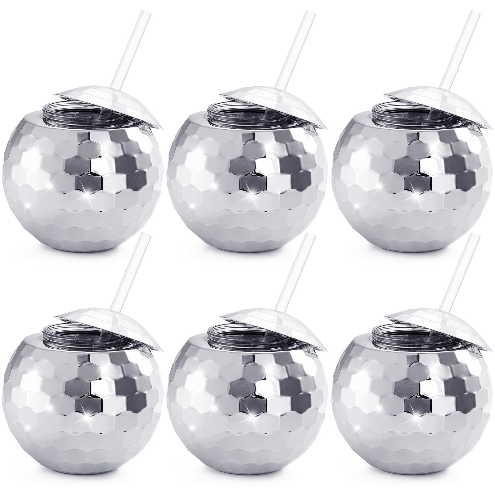 Nicunom 6 Pack Disco Ball Cups with Lids & Straws, 600ml Reusable Silver Disco Ball Tumbler 1970s Disco Flash Ball Cocktail Cup Sparkly Glitter Disco Bar Party Wine Drinking Tea Syrup Bottle