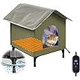 Becuddler Large Heated Cat House for Outside, Insulated Weatherproof Outdoor Feral Cat House with Timer & Adjustable Temperature Heater Pad, Elevated Pet House with Escape Door for Winter, Barn, Porch