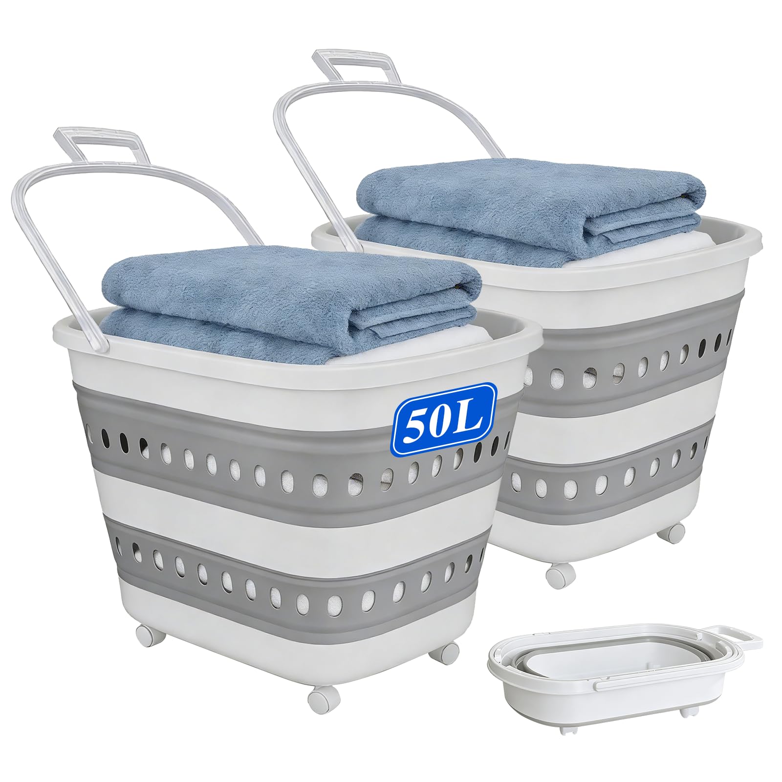 Photo 1 of 2 Pcs 50L Collapsible Plastic Laundry Basket Hamper with Wheels, Foldable Laundry Basket with Handles, Pop Up Storage Container Organizer for Washing Storage