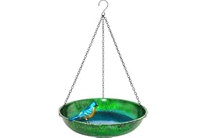 Hanging Bird Bath for Outside, 11” Metallic Green & Blue Metal Birdbath Bowl & Feeder with Black Chain Outdoor Garden Yard De