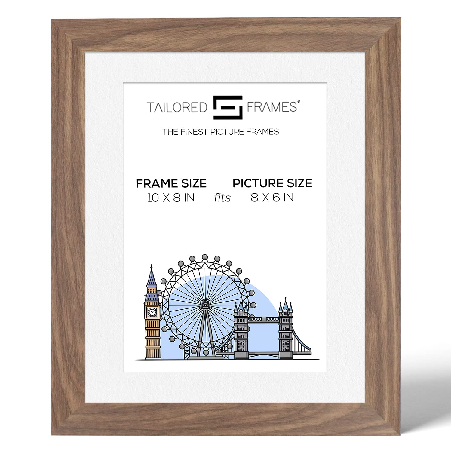 Tailored Frames Seattle Walnut 10" x 8" Frame for 8" x 6" Picture | Single Picture Frames | Table Top & Wall Hanging Type | Photo Frame With White Mount