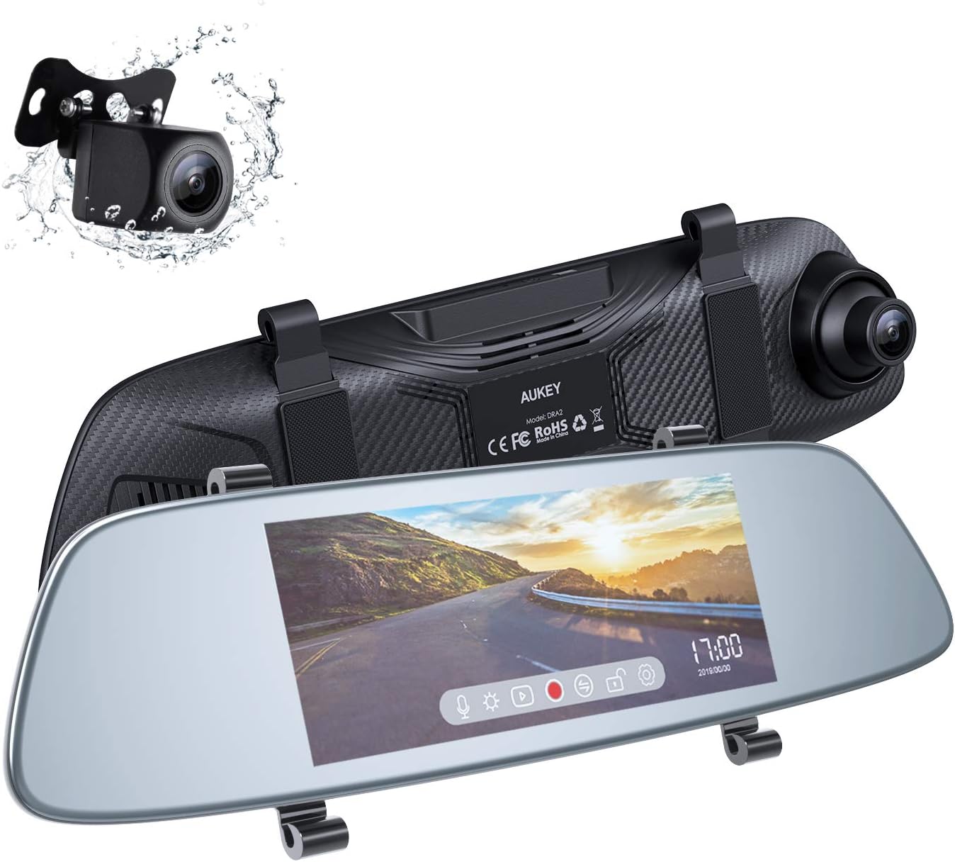 AUKEY Mirror Dash Cam Dual 6.8 inches LCD Touchscreen Car Camera 1080p Front Camera and 720P Water-Resistant Rear Camera Rearview Mirror Dash Cam with Parking Mode, Motion Detection, G-Sensor, Loop