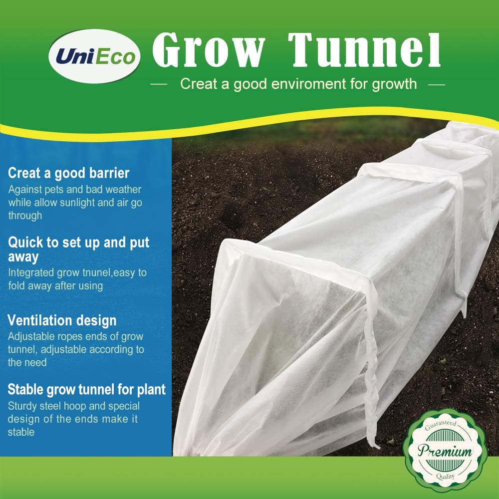 UniEco Fabric Garden Tunnel Square Iron Hoops Plant Cover with 2 Fiberglass Stakes for Plant Protection and Freeze Protection, 82" L x 11.8" W x 10" H, White
