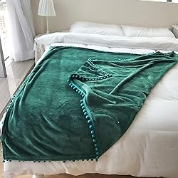 LOMAO Flannel Blanket with Pompom Fringe